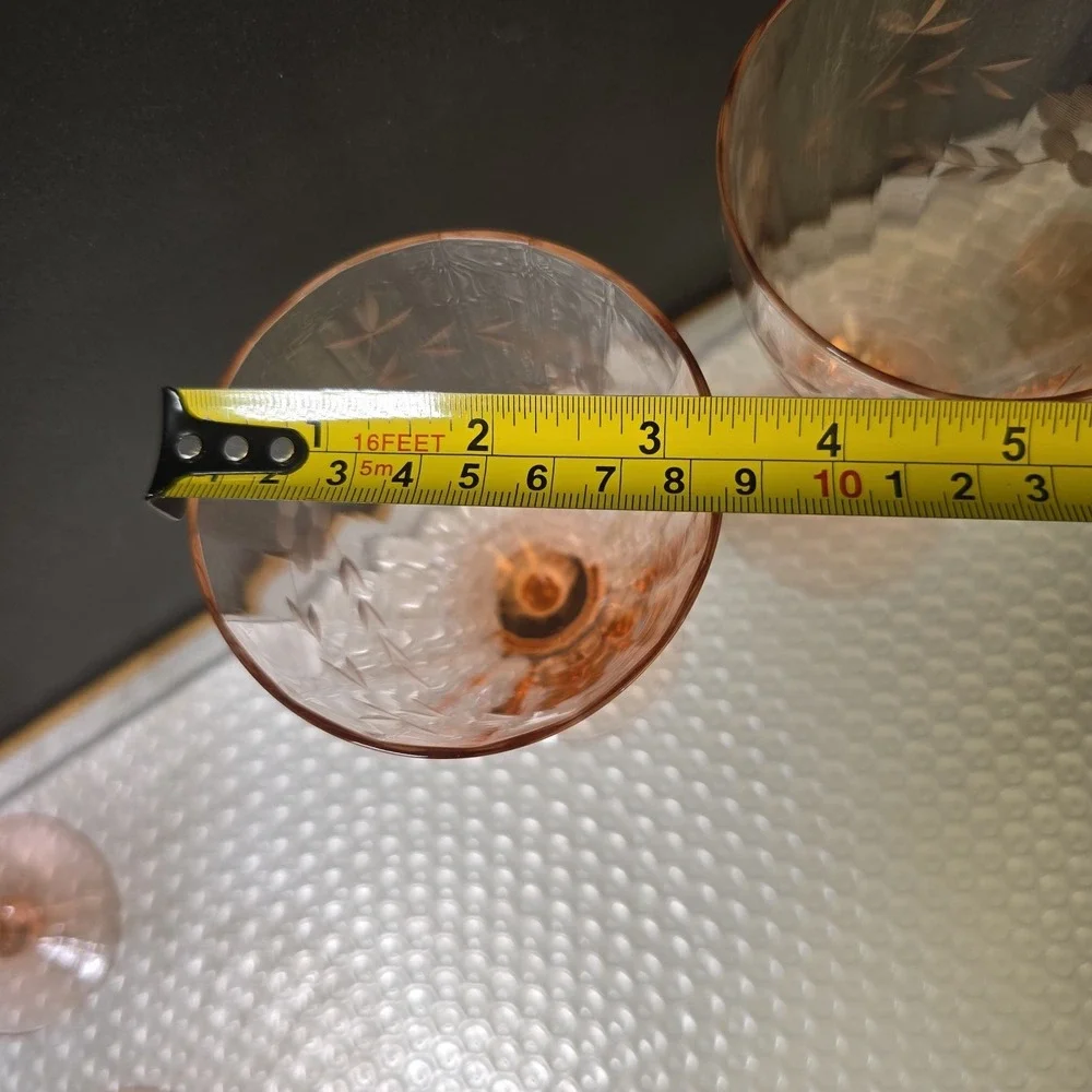 VTG Depression Glass Wine Goblets Set of 3 Etched Ribbed Rambler Rose Pink 7in